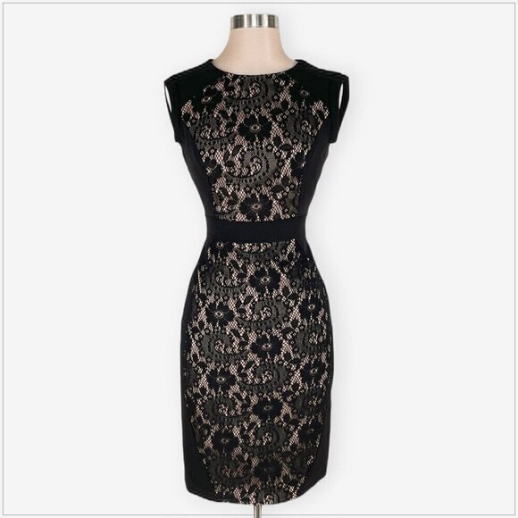 Adrianna Papell Black Lace Nude Panel Fitted Stretch Knit Cocktail Dress 2 - Picture 2 of 5